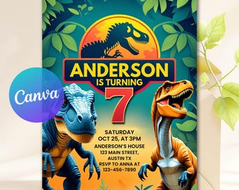 Edytowalne zaproszenie na przyjęcie urodzinowe z dinozaurem, zaproszenie na przyjęcie z motywem T-Rexa, zaproszenie do świata dinozaurów, szablon Canva, natychmiastowe pobranie, zaproszenie do druku