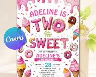 Two Sweet Birthday Invitation, 2nd Birthday Girl Invitation, Two Year Dessert Invite, Candy Sweets Donut Ice Cream Cupcake, Instant Download