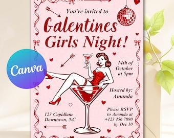 Galentine's Girls Night Party Invitation, Valentine's Party Invitation, Girls Night Party, Digital Download, Canva Template
