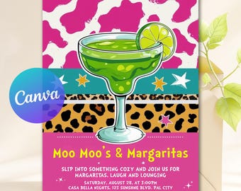 Moo Moos & Margaritas ガールズナイトパーティー招待状、ヒョウ柄、編集可能なテンプレート、トロピカルな独身パーティー招待状、すぐにダウンロード