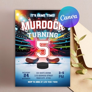 Faire-part d'anniversaire de hockey, faire-part d'anniversaire de hockey sur glace pour tous les âges, invitation de sport pour tous les âges, modèle numérique imprimable, téléchargement immédiat