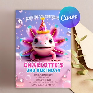 Axolotl Birthday Invitation Template, Axolotl Birthday Invitation, Under Sea Birthday Invitation, Cute Axolotl, Editable Canva Template