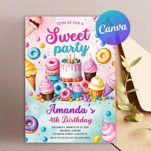 Invito di compleanno modificabile per una festa dolce, invito a tema Candy Land, invito a forma di ciambella con dolciumi, modello Canva stampabile