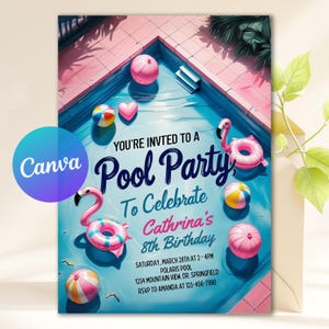 Editable Girls Pool Party Birthday Invitation Template, Pool Party Birthday Party Invite, Girls Teenage Birthday Invite, Instant Download