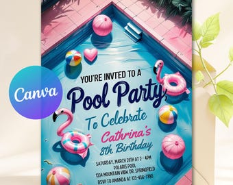 Editable Girls Pool Party Birthday Invitation Template, Pool Party Birthday Party Invite, Girls Teenage Birthday Invite, Instant Download