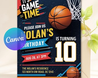 Basketball Birthday Invitation, Basketball Invitation Sports Ticket Invitation Boy Party Invite Teen Party Theme Editable Canva Template