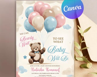 Gender Revel He Or She Teddy Bears Baby Shower Invitation, Baby Boy Or Girl Party Invite, Pink Blue Bear with Balloons, Instant Download