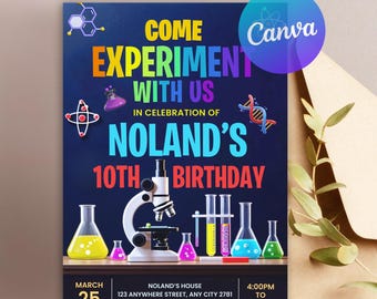 May include: A blue and black birthday invitation with colorful science themed graphics. The invitation reads "Come Experiment With Us" in celebration of Noland's 10th Birthday. The invitation includes a date of March 25th, a time of 4:00 PM to 6:00 PM, and a location of Noland's House, 123 Anywhere Street, Any City 2781. RSVP to Oliver at 123-456-7890.