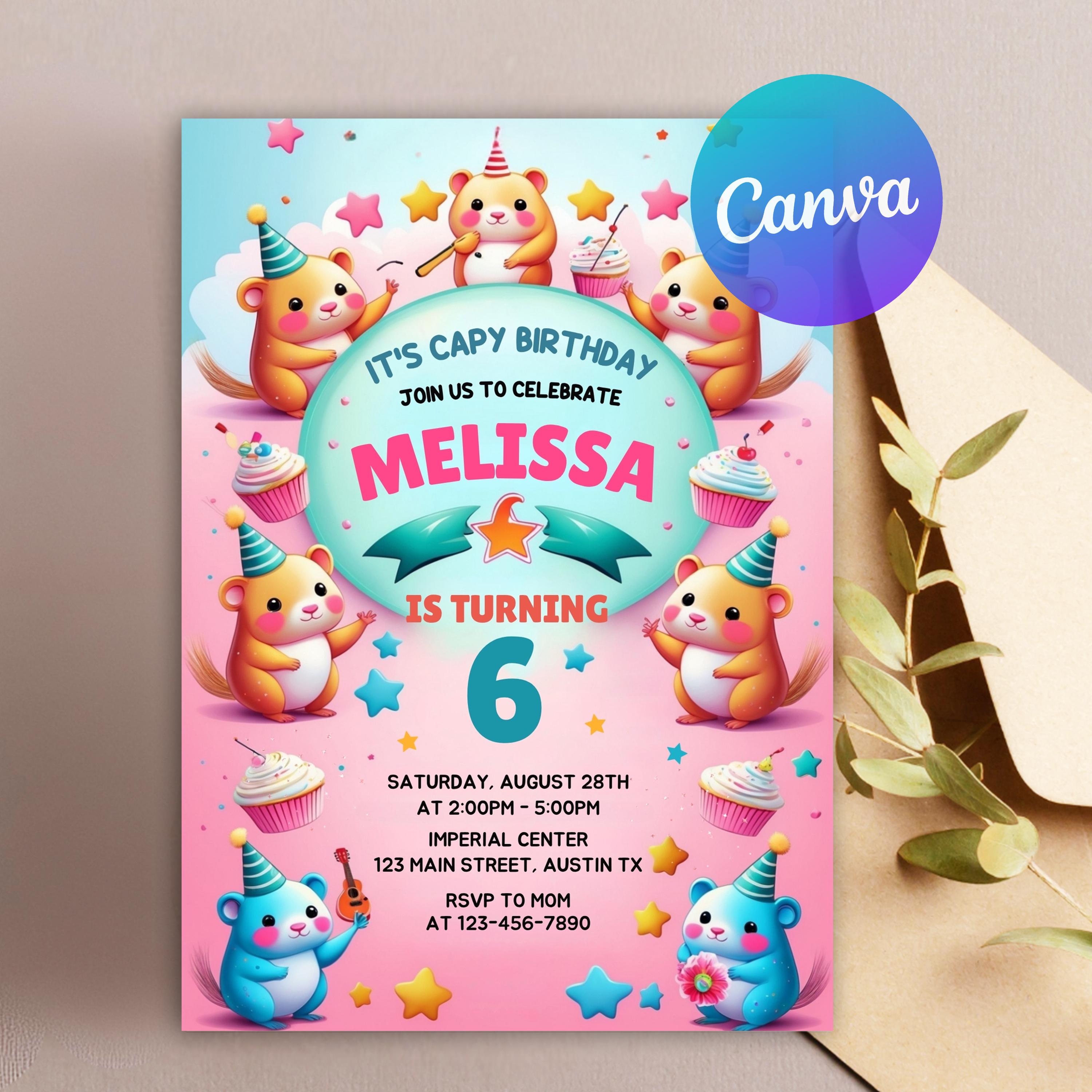 EDITABLE Capybara invitation , Capybara Birthday , Capy Birthday, Kawaii Capybara, Capybara Party Invite, Digital Template