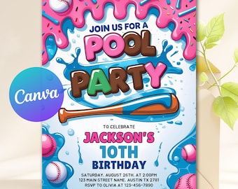 Baseball Pool Party Invitation Template, Baseball End of Season Sports Team Pool Bash Invite, Baseball Drip Invitation, Editable Canva