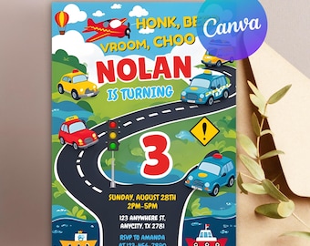 Transportation Birthday Invitation, Honk, Beep, Choo Choo, Train, Truck Birthday Invitation, Cars Birthday Invite, Digital Download
