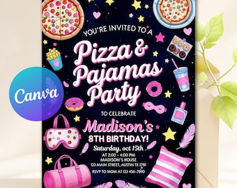Invitación de cumpleaños editable con pizza y pijamas, invitación de cumpleaños para pijamadas, fiesta de pijamas de chicas, descarga instantánea