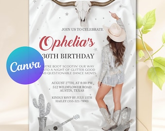 Disco Cowgirl Hoedown 30th Birthday Invitation, Western Disco Rodeo Invite, Personalized Party Invite, Editable Canva Template