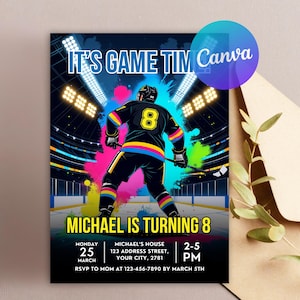 Modèle de toile d'invitation de hockey sur glace modifiable pour tous les âges, invitation d'anniversaire de hockey, invitation d'anniversaire de hockey pour garçon, modèle de toile d'invitation de sport pour tous les âges