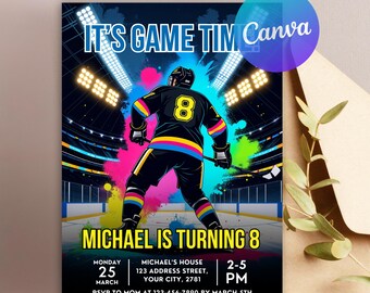 Editable All Ages Ice Hockey Birthday Invitation, Hockey Birthday Invitation,Boy Hockey Birthday Invite,Any Age Sports Invite Canva Template