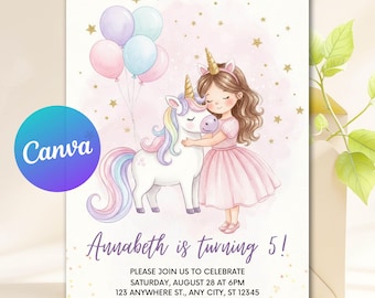 Unicorn Princess Birthday Invitation, Editable Fairytale Unicorn Party Invite, Magical Girl Theme, Digital Download, Canva Template