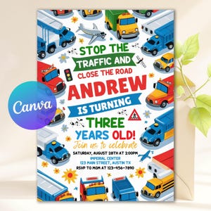 Transportation Birthday Invitation, Truck and Cars Birthday, Truck Birthday Invitation, Train, Cars Birthday Invite, Digital Download