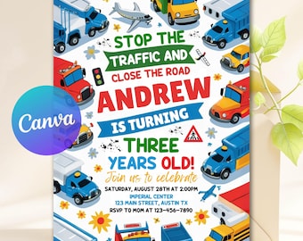 Transportation Birthday Invitation, Truck and Cars Birthday, Truck Birthday Invitation, Train, Cars Birthday Invite, Digital Download