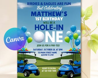 Hole In One First Birthday Invitation Set, Editable Golf 1st Birthday Invite Template, Golf Par-Tee First Birthday Invitation Editable Canva