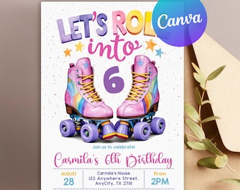 Roller Skating Birthday Invitation, Skate Party Birthday Invite, Roller Skating, Retro Neon Lights, Rollerblade Skate Rink Editable Template