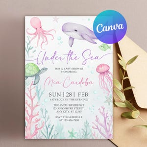 Invito modificabile per baby shower sotto il mare, modello per baby shower nautico, invito per baby shower oceanico, balena tartaruga oceano, modello Canva