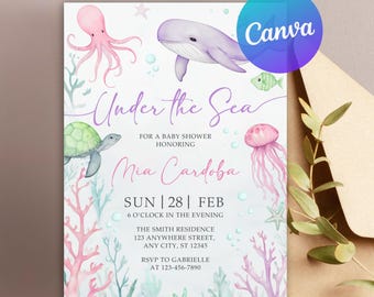 May include: Under the Sea baby shower invitation with a watercolor illustration of an octopus, whale, turtle, jellyfish, and coral. The invitation is for Mia Cardoba and is scheduled for Sunday, February 28th at 6:00 PM. The event will be held at The Smith Residence, 123 Anywhere Street, Any City, ST 12345. RSVP to Gabrielle at 123-456-7890.