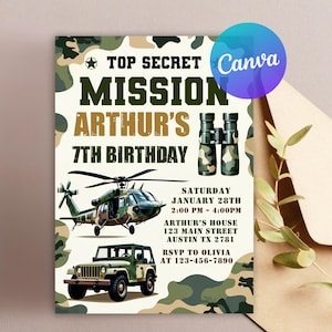 Faire-part d'anniversaire armée pour les enfants, invitation à une fête militaire modifiable, modèle de fête à thème soldat, fête camouflage imprimable, modèle canva