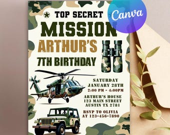 Army Birthday Invitation for Kids, Editable Military Party Invite, Soldier Theme Party Template, Camo Party Printable, Canva Template