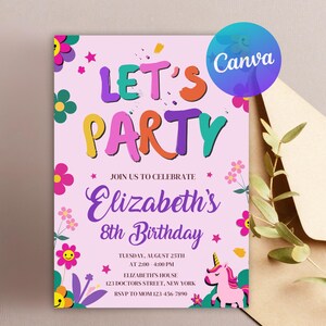 Könnte beinhalten: Eine rosafarbene Geburtstagseinladung mit bunten Blumen und einem Einhorn. Der Text lautet "Let's Party" und "Join us to celebrate Elizabeth's 8th Birthday". Die Einladung enthält das Datum, die Uhrzeit und den Ort der Party sowie eine RSVP-Nummer.