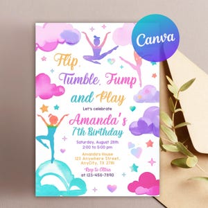 Jump Tumble & Play Gymnastics Birthday Party Invitation, Girl Gymnast Birthday Invite, Gymnastics Birthday, Lets Jump Party Instant Download