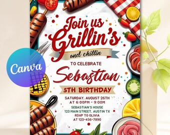 Backyard BBQ Party Invitation, BBQ Birthday Invitation, Barbecue Birthday Party Invitation, Editable Template Canva