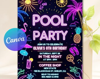 Neon Pool Party Invitation, Summer Birthday Party, Splish Splash, Neon Party, Glow Pool Party Invite, Glow Invite, Editable Canva Template