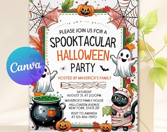 Bewerkbare uitnodiging voor Halloween-feest, Spooky Pumpkin-thema, Spooktacular Halloween-feestuitnodiging, Instant Download, Canva-sjabloon