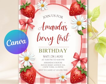 Berry First Birthday Invitation Template, Printable Strawberry Birthday Invites, Editable 1st Birthday Girl Invite, Canva Editable