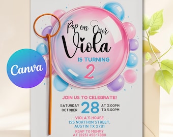 Bubble Birthday Invitation, Second Birthday Invite Bubbles, Pastel 2 Year Old Girl Birthday Invite, Girls Birthday Invite, Instant Download