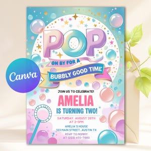 Inbjudan till bubbelfödelsedag, inbjudan till andra födelsedag, bubblor, pastellfärgad födelsedagsinbjudan till 2-årig flicka, flickfödelsedagsinbjudan Canva-mall