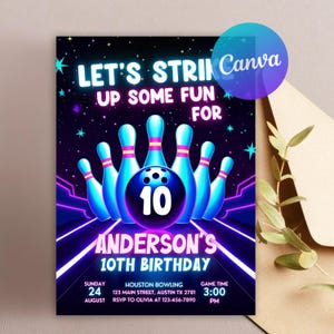 Bowling Birthday Party Invitation Template, Glow Bowling Invitation, Neon Glow Party, Neon Bowling Party, Strike Up Some Fun, Editable Canva