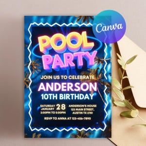 Editable Pool Party Birthday Invitation, Neon Glow Swim Invite for Boys Blue Green Pool Birthday Canva Template Digital Download Evite Boy