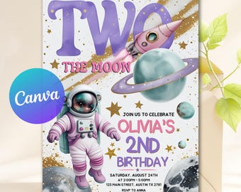 Two The Moon Invitation, Two The Moon Birthday Invitation Printable, Girl 2nd Birthday Space Party Invite, Editable, Instant Download