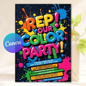 Może przedstawiać: Kolorowe zaproszenie na "Rep Your Color Party!" z żywym tekstem i plamami farby. Projekt zawiera szczegóły wydarzenia: datę, godzinę, miejsce i informacje RSVP. Logo Canva jest widoczne w rogu.