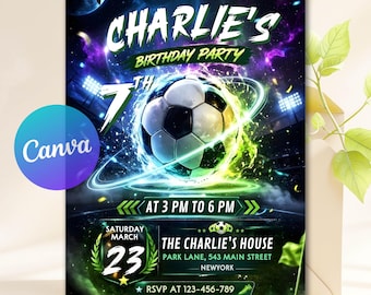 Editable Boy Soccer Birthday Invitation, Soccer Party Invite, Sports Theme, Kids Football Birthday, Canva Template, Digital Download