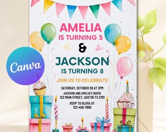 Invitación de cumpleaños para unirse a una fiesta, fiesta de cumpleaños de hermanos, invitación de cumpleaños doble, invitación de cumpleaños para gemelos, plantilla editable de Canva