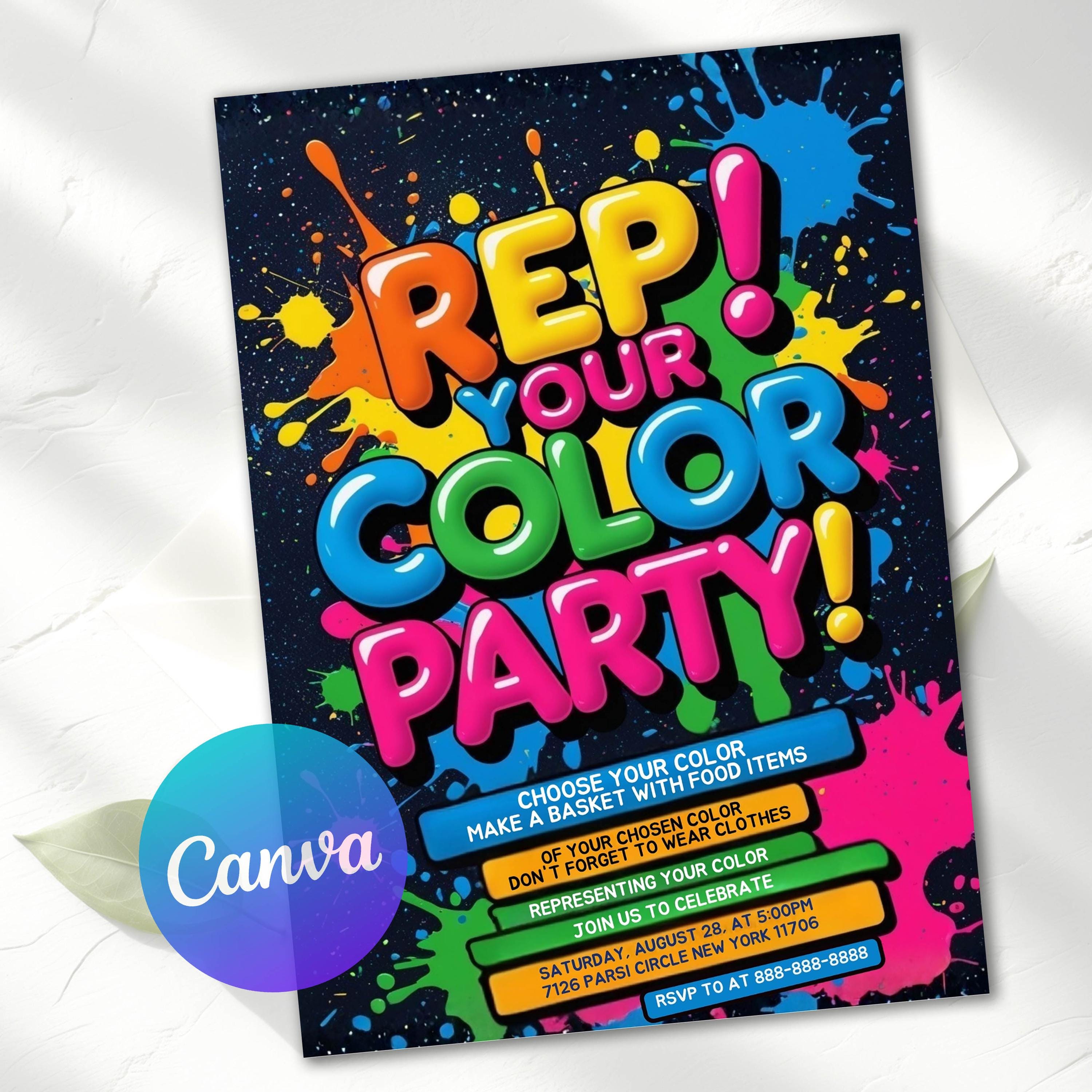 Rep Your Color Party Invitation, Colour Party, Coloring Rainbow ...