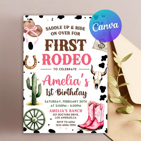 First Rodeo Birthday Invitation, Editable My 1st Rodeo Girl Cowgirl Invites, First Rodeo Invite, Cowgirl Invitation, Editable Canva Template