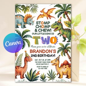 May include: A colorful dinosaur-themed birthday invitation. The design features cartoon dinosaurs, palm trees, and the text "STOMP CHOMP & CHEW! OUR LITTLE DINO IS TWO." The invitation includes party details for Brandon's 2nd birthday.