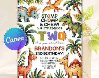 Dinosaur 2nd Birthday Invitation, Two Rex Dinosaur Birthday Invitation Template, Dino Invites, T-Rex Party Invite, Editable Canva Template