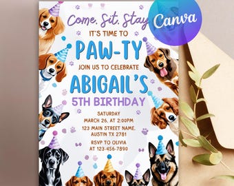 Editable Dog Birthday Invitation, Puppy Party Invite, Lets Pawty Invitation, Animal Birthday, Pet Party, Instant Download Printable Invite