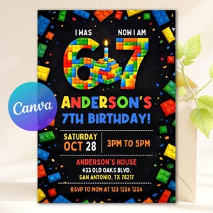 May include: A birthday invitation with a black background, featuring colorful block-style numbers and text. The invitation reads "I WAS 6, NOW I AM 7" and announces Anderson's 7th birthday on October 28th, 3 PM to 5 PM.