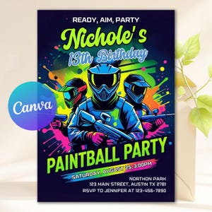 Può includere: Un invito vivace per una festa di paintball con un tema neon. Il design presenta tre giocatori di paintball con equipaggiamento protettivo, con il testo "Nichole's 13th Birthday" e "Paintball Party". Include i dettagli dell'evento: data, ora, luogo e informazioni RSVP.