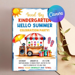 Goodbye Kindergarten Hello Summer Invitation Editable, End of School Party Invite, Graduation Party Template Printable